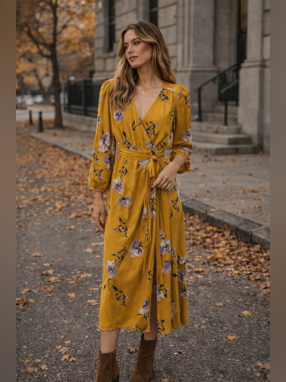 All:Row Mustard Floral Wrap Dress | Size Large
